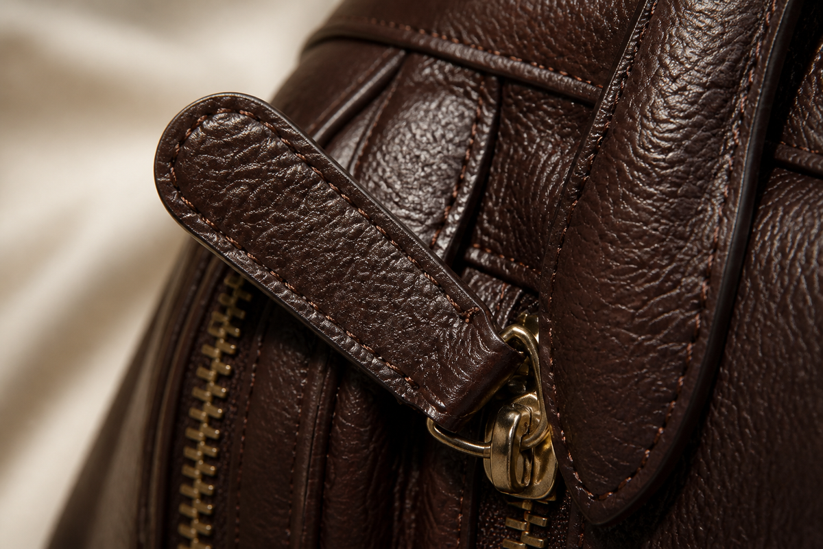 Close-up of full-grain leather stitching and brass hardware