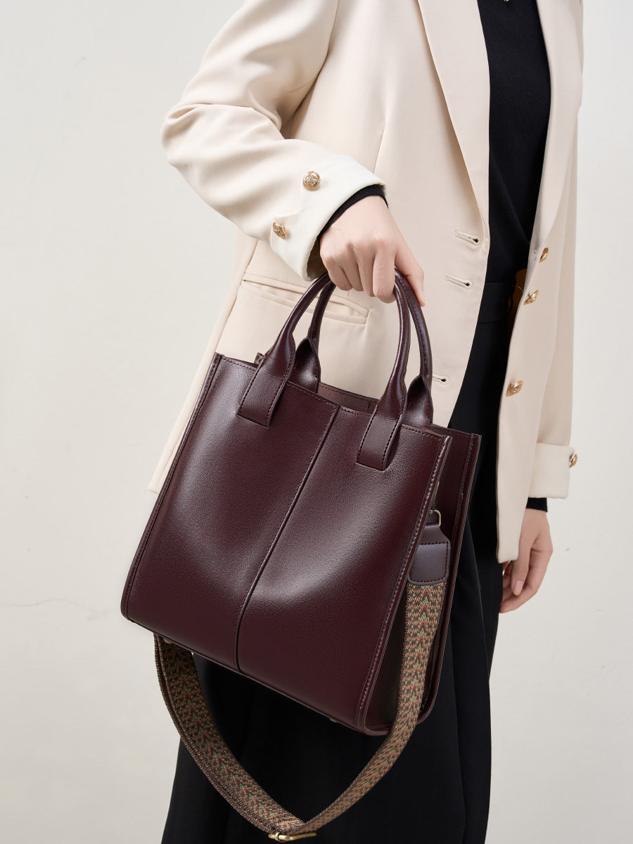 Full-Grain Leather Vertical Tote Bag  Minimalist Patchwork Shoulder Bag for Everyday Use