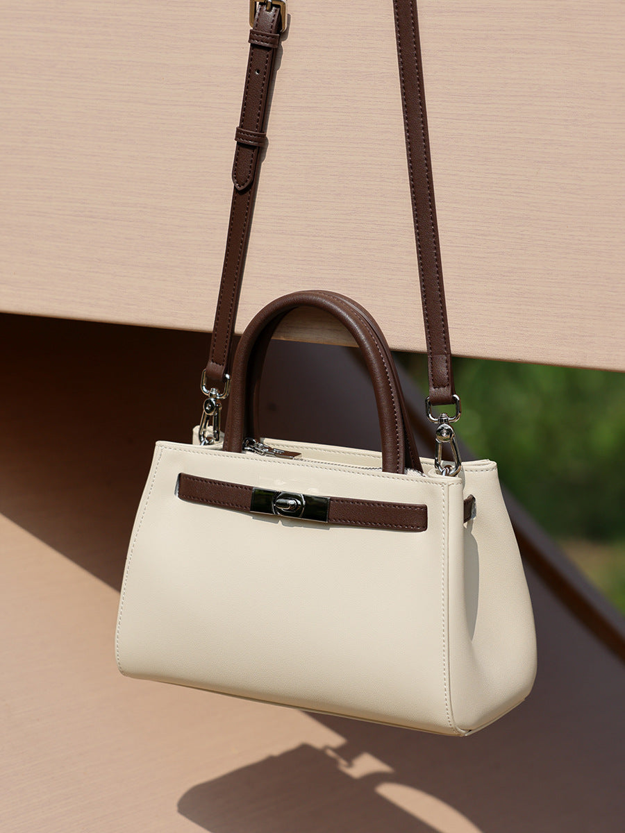 Structured Leather Top Handle Bag  Classic Lock Satchel for Everyday Elegance