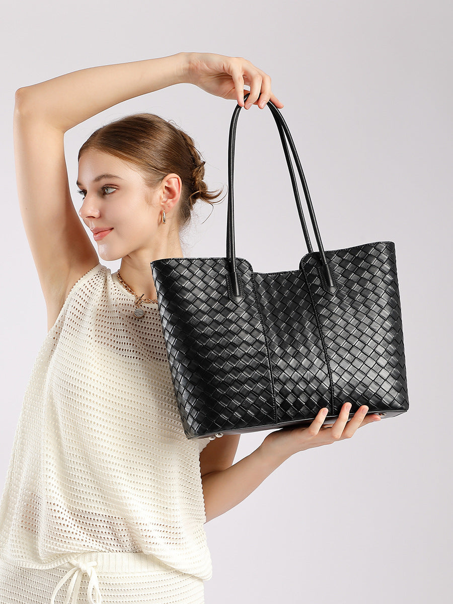 Large Woven Leather Tote Bag  Soft Minimalist Shoulder Bag for Everyday Use