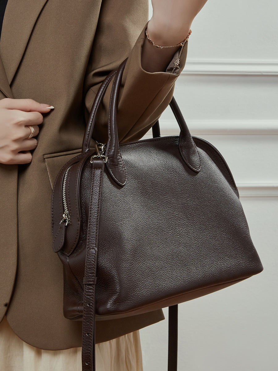 Full-Grain Leather Bowling Bag  Minimalist Everyday Shoulder Handbag
