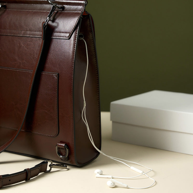 2026 New Leather Backpack Women's British Collegiate School Bag College Student Retro Computer Simple Cowhide Backpack Secondary image