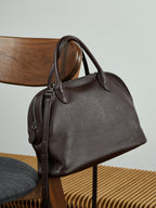 Full-Grain Leather Bowling Bag  Minimalist Everyday Shoulder Handbag