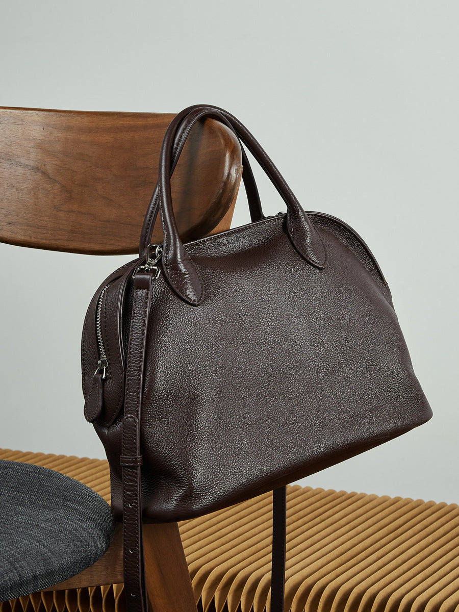 Full-Grain Leather Bowling Bag  Minimalist Everyday Shoulder Handbag