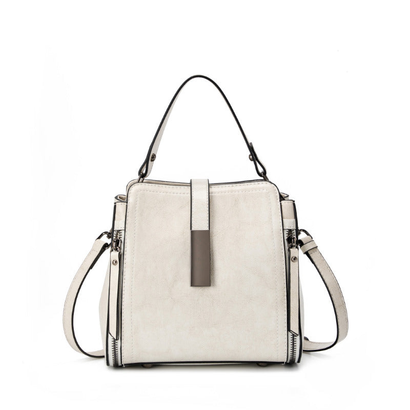 Leather Bucket Bag with Zipper  Vintage Minimalist Shoulder & Crossbody Bag