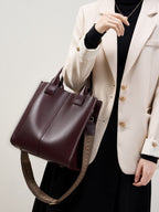 Full-Grain Leather Vertical Tote Bag  Minimalist Patchwork Shoulder Bag for Everyday Use