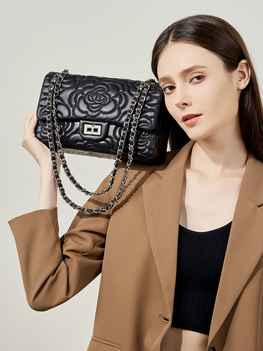 Embroidered Lambskin Shoulder Bag  Minimalist Underarm Bag with Lock Closure