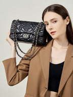 Embroidered Lambskin Shoulder Bag  Minimalist Underarm Bag with Lock Closure