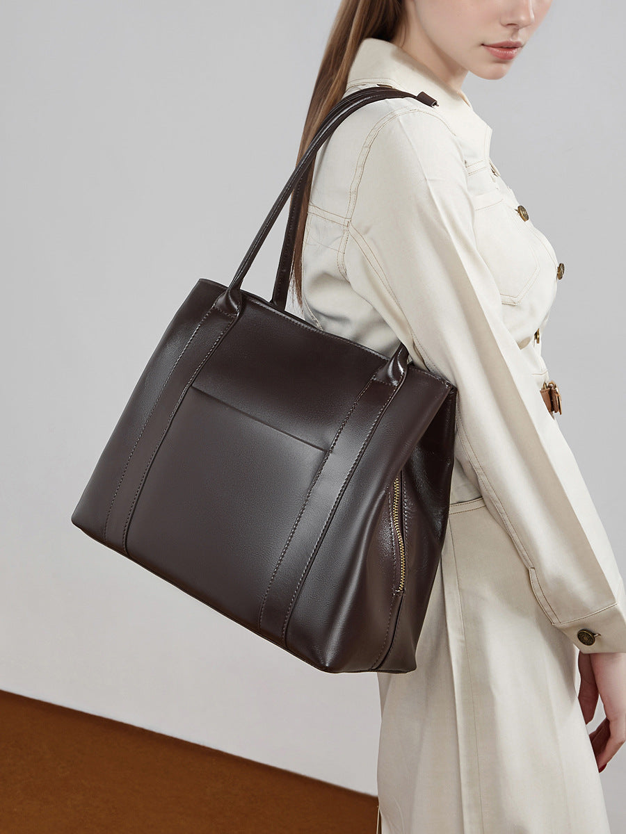 Large Full-Grain Leather Top Handle Tote  Minimalist Vertical Carryall Bag