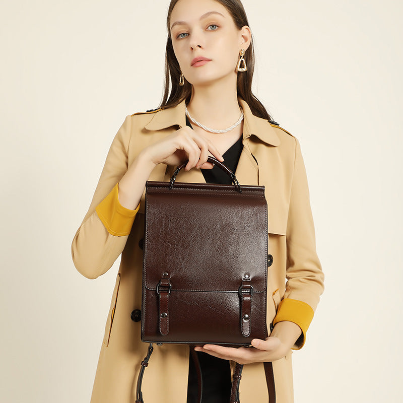 2026 New Leather Backpack Women's British Collegiate School Bag College Student Retro Computer Simple Cowhide Backpack