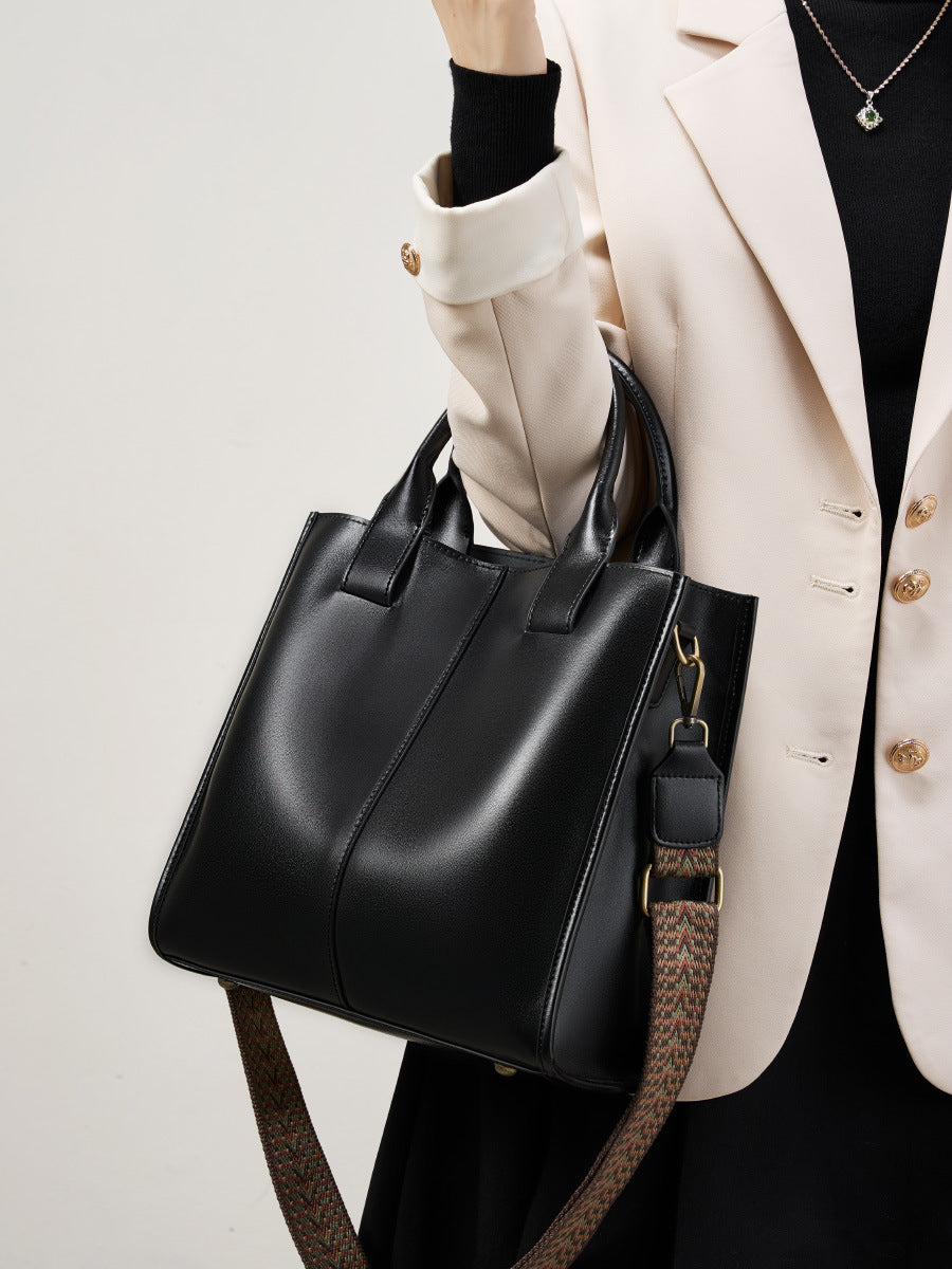 Full-Grain Leather Vertical Tote Bag  Minimalist Patchwork Shoulder Bag for Everyday Use