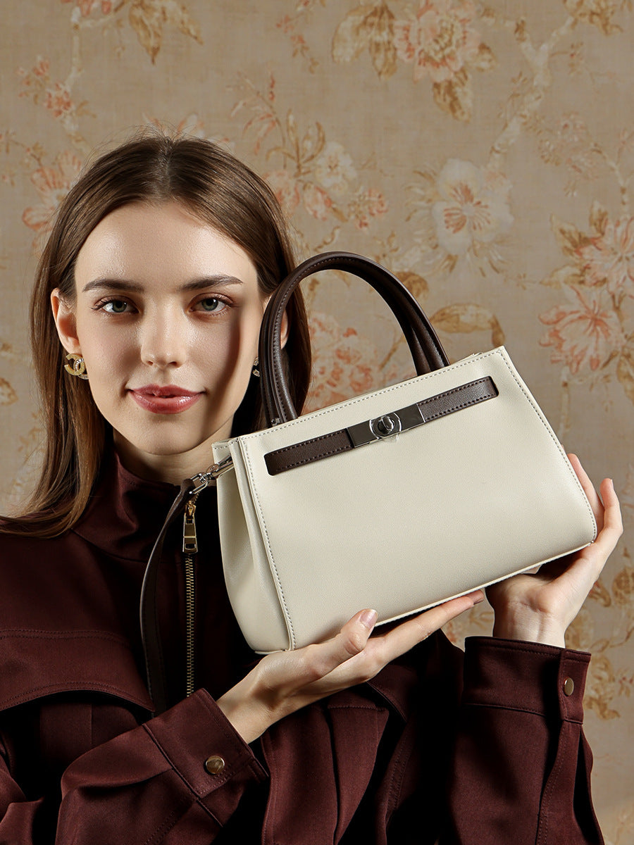 Structured Leather Top Handle Bag  Classic Lock Satchel for Everyday Elegance