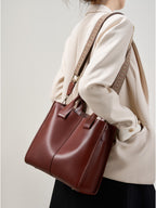Full-Grain Leather Vertical Tote Bag  Minimalist Patchwork Shoulder Bag for Everyday Use