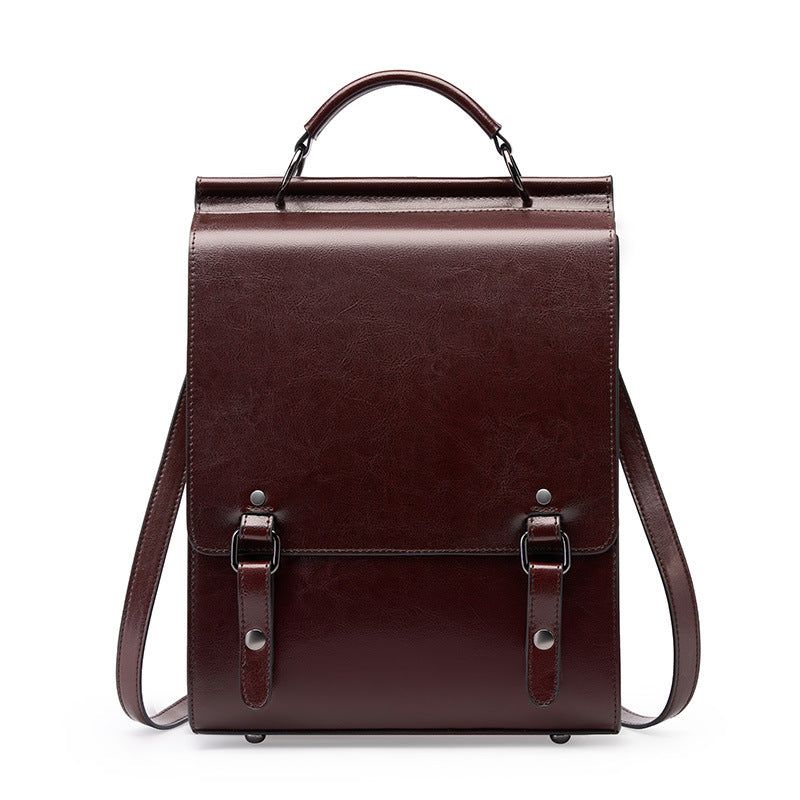 2026 New Leather Backpack Women's British Collegiate School Bag College Student Retro Computer Simple Cowhide Backpack