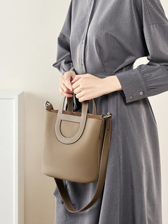 Full-Grain Leather Bucket Bag  Minimalist Cutout Tote with Modern Patchwork Design
