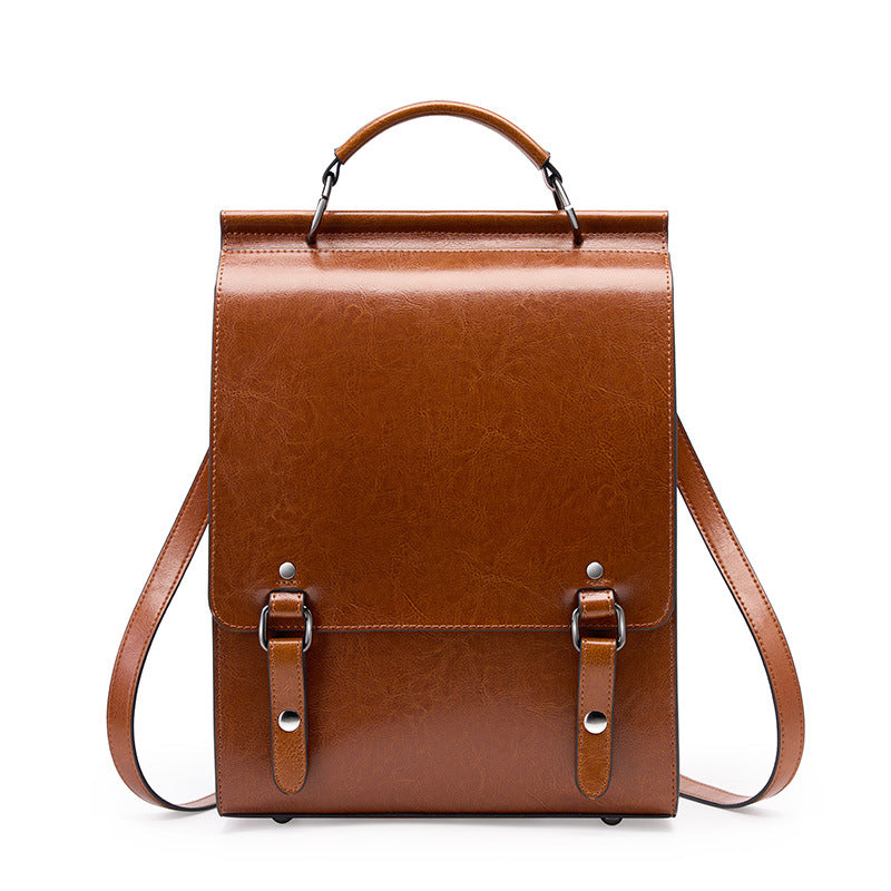 2026 New Leather Backpack Women's British Collegiate School Bag College Student Retro Computer Simple Cowhide Backpack