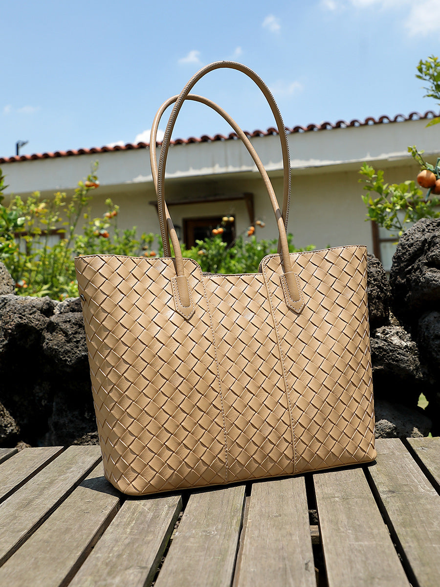 Large Woven Leather Tote Bag  Soft Minimalist Shoulder Bag for Everyday Use