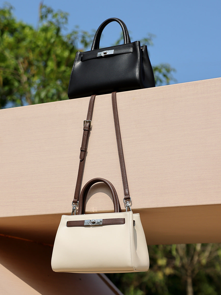 Structured Leather Top Handle Bag  Classic Lock Satchel for Everyday Elegance