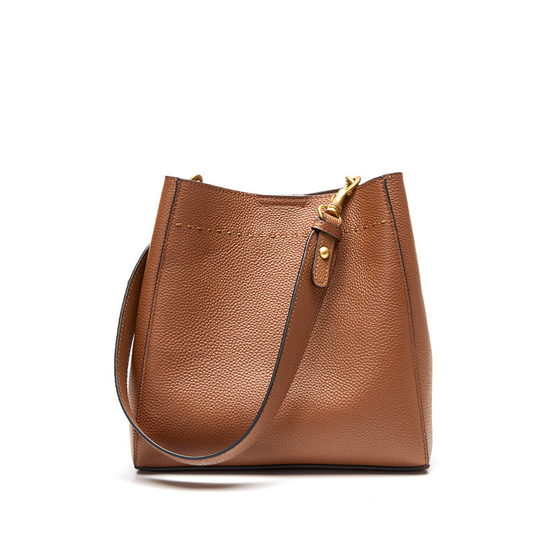 Vintage Full-Grain Leather Bucket Bag  Minimalist Shoulder Bag for Everyday Use