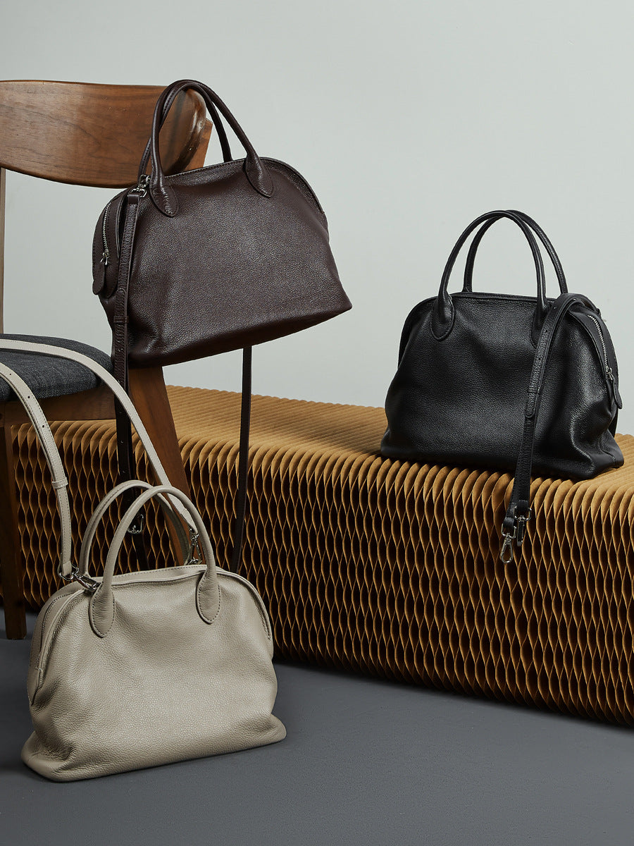 Full-Grain Leather Bowling Bag  Minimalist Everyday Shoulder Handbag