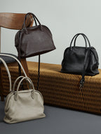 Full-Grain Leather Bowling Bag  Minimalist Everyday Shoulder Handbag