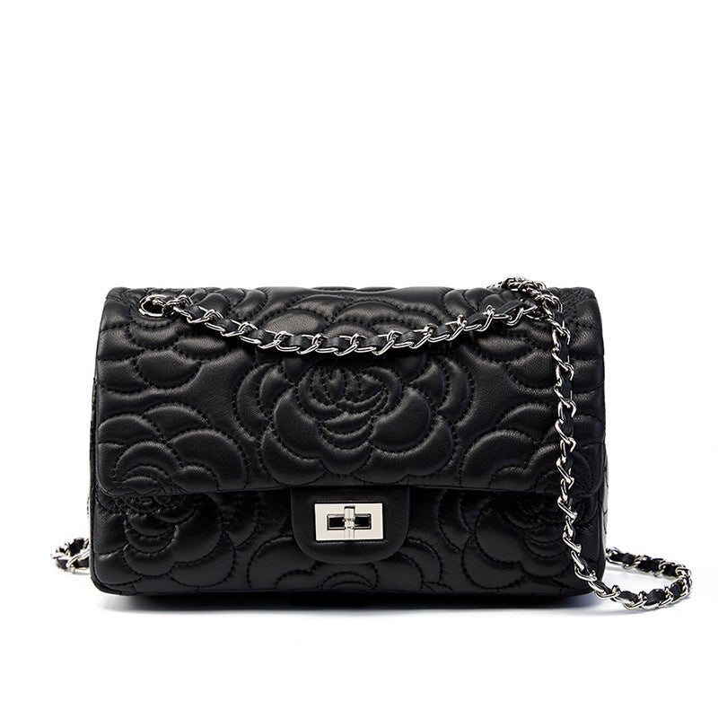 Embroidered Lambskin Shoulder Bag  Minimalist Underarm Bag with Lock Closure