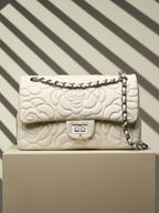 Embroidered Lambskin Shoulder Bag  Minimalist Underarm Bag with Lock Closure
