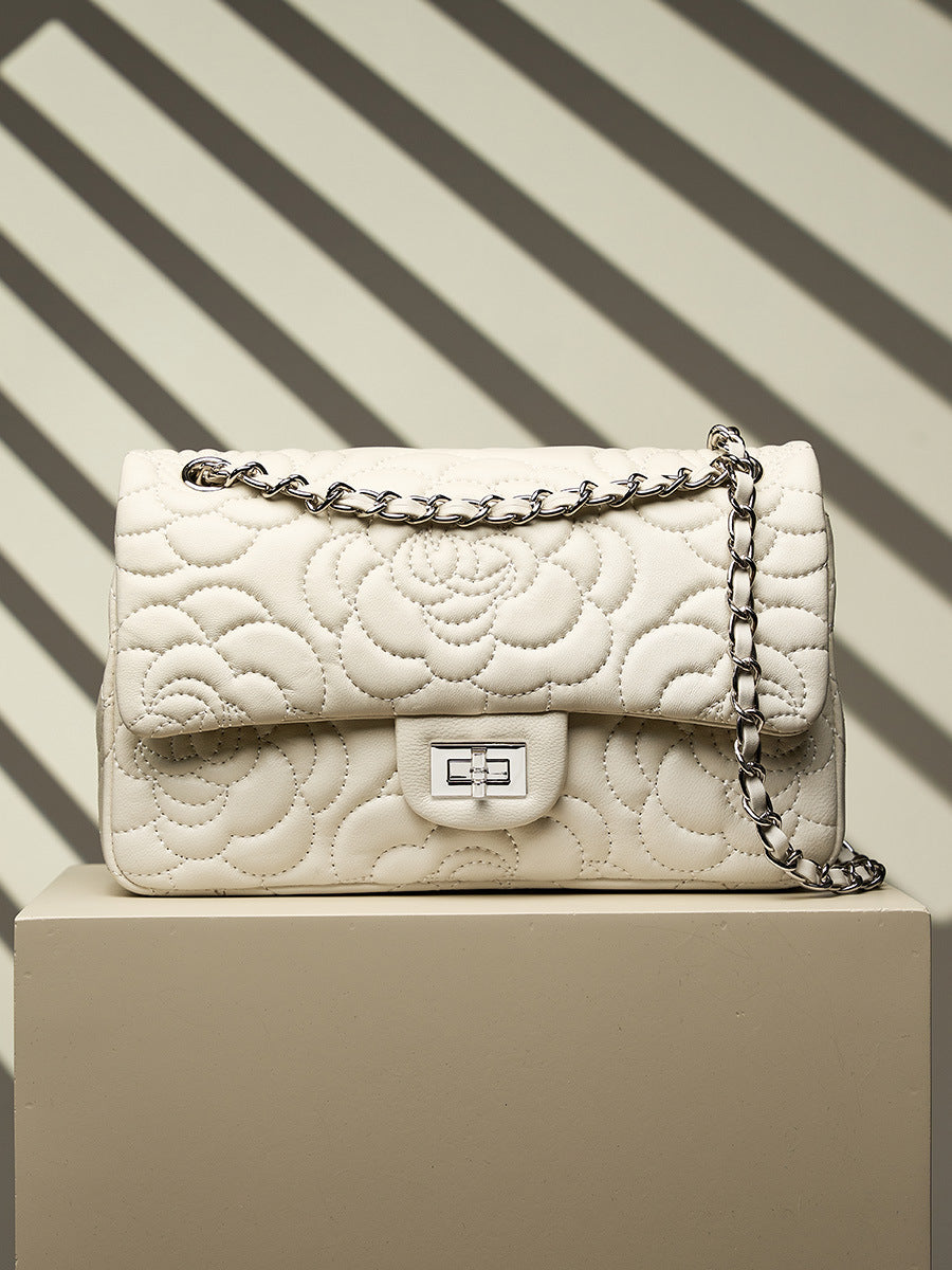 Embroidered Lambskin Shoulder Bag  Minimalist Underarm Bag with Lock Closure