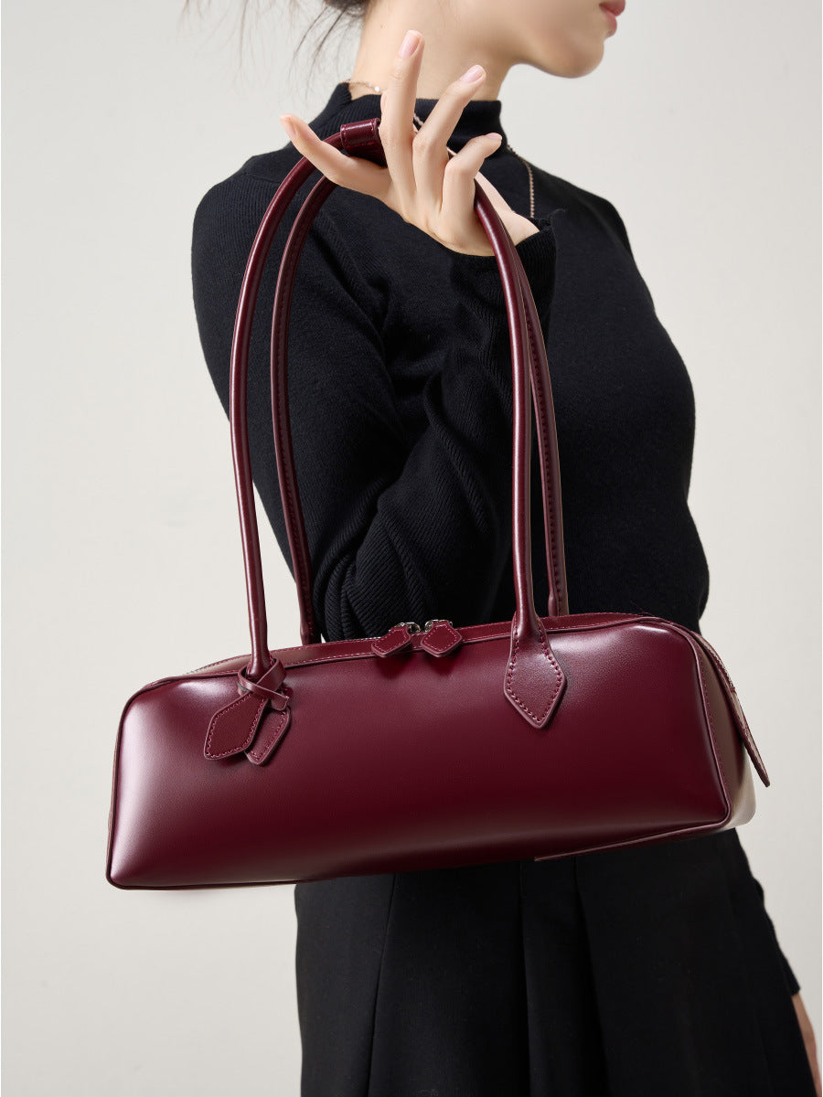 Large Leather Baguette Bag  Vintage Street Style Handbag for Everyday Use
