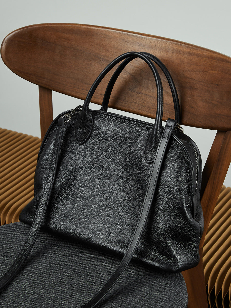 Full-Grain Leather Bowling Bag  Minimalist Everyday Shoulder Handbag