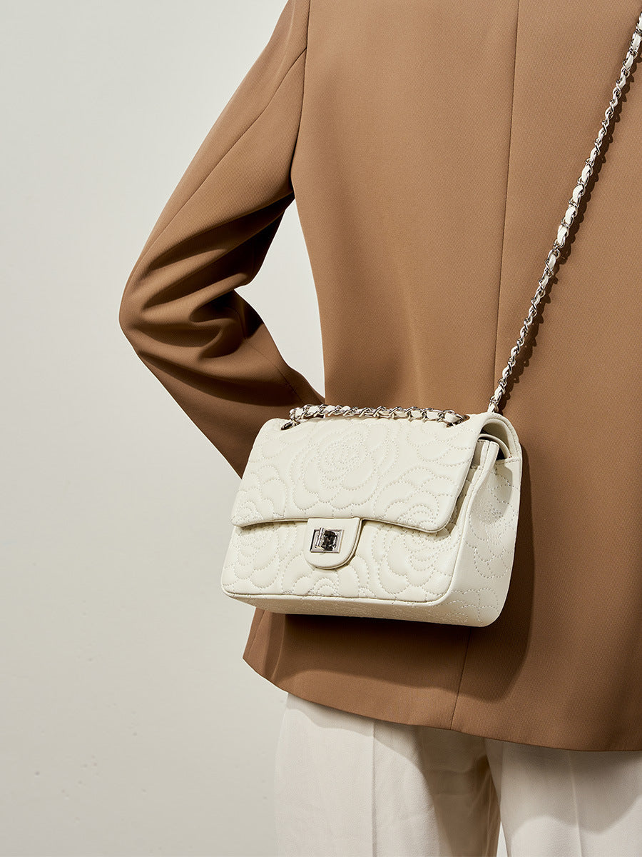 Embroidered Lambskin Shoulder Bag  Minimalist Underarm Bag with Lock Closure