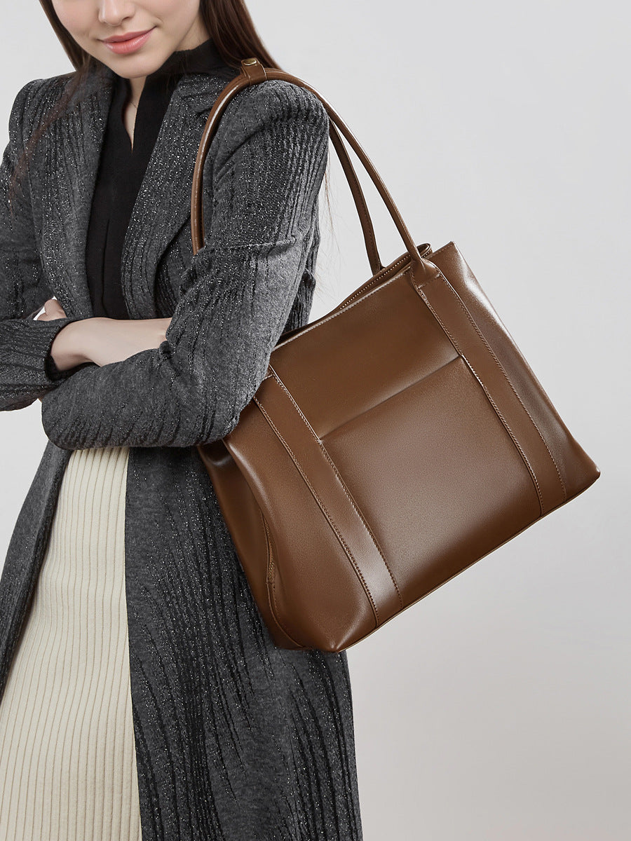 Large Full-Grain Leather Top Handle Tote  Minimalist Vertical Carryall Bag
