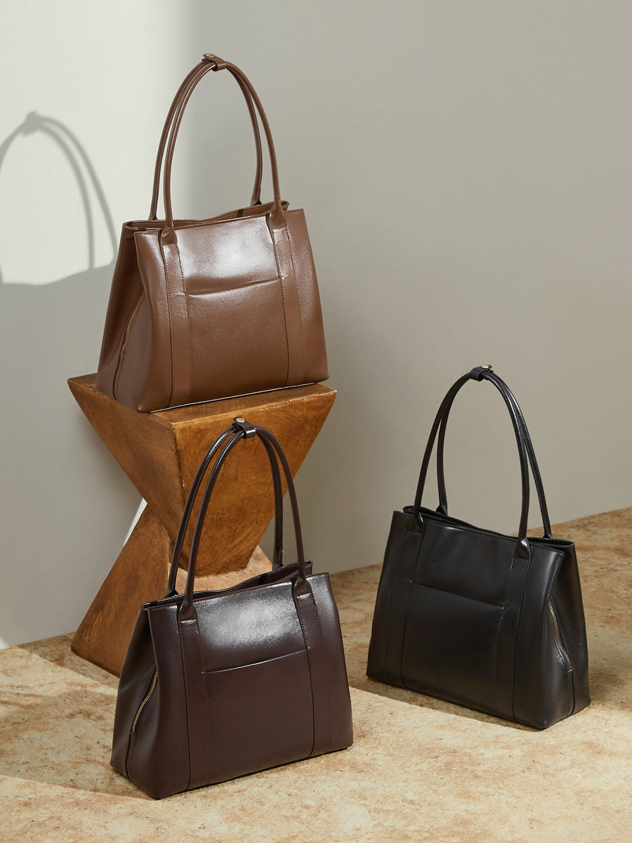 Large Full-Grain Leather Top Handle Tote  Minimalist Vertical Carryall Bag