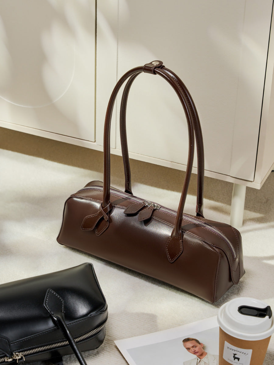 Large Leather Baguette Bag  Vintage Street Style Handbag for Everyday Use