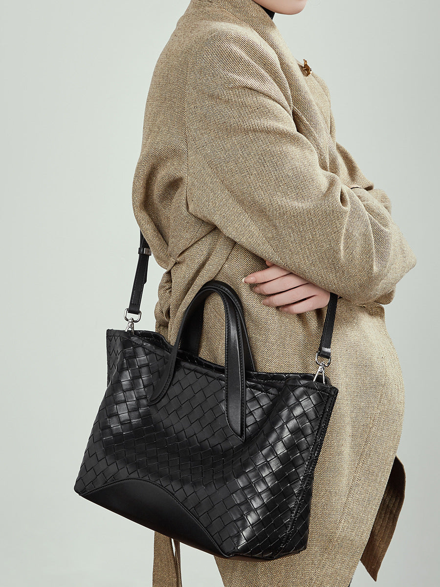 Woven Leather Tote Bag with Zipper  Large Statement Shoulder Bag for Everyday Use
