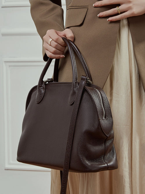 Full-Grain Leather Bowling Bag  Minimalist Everyday Shoulder Handbag