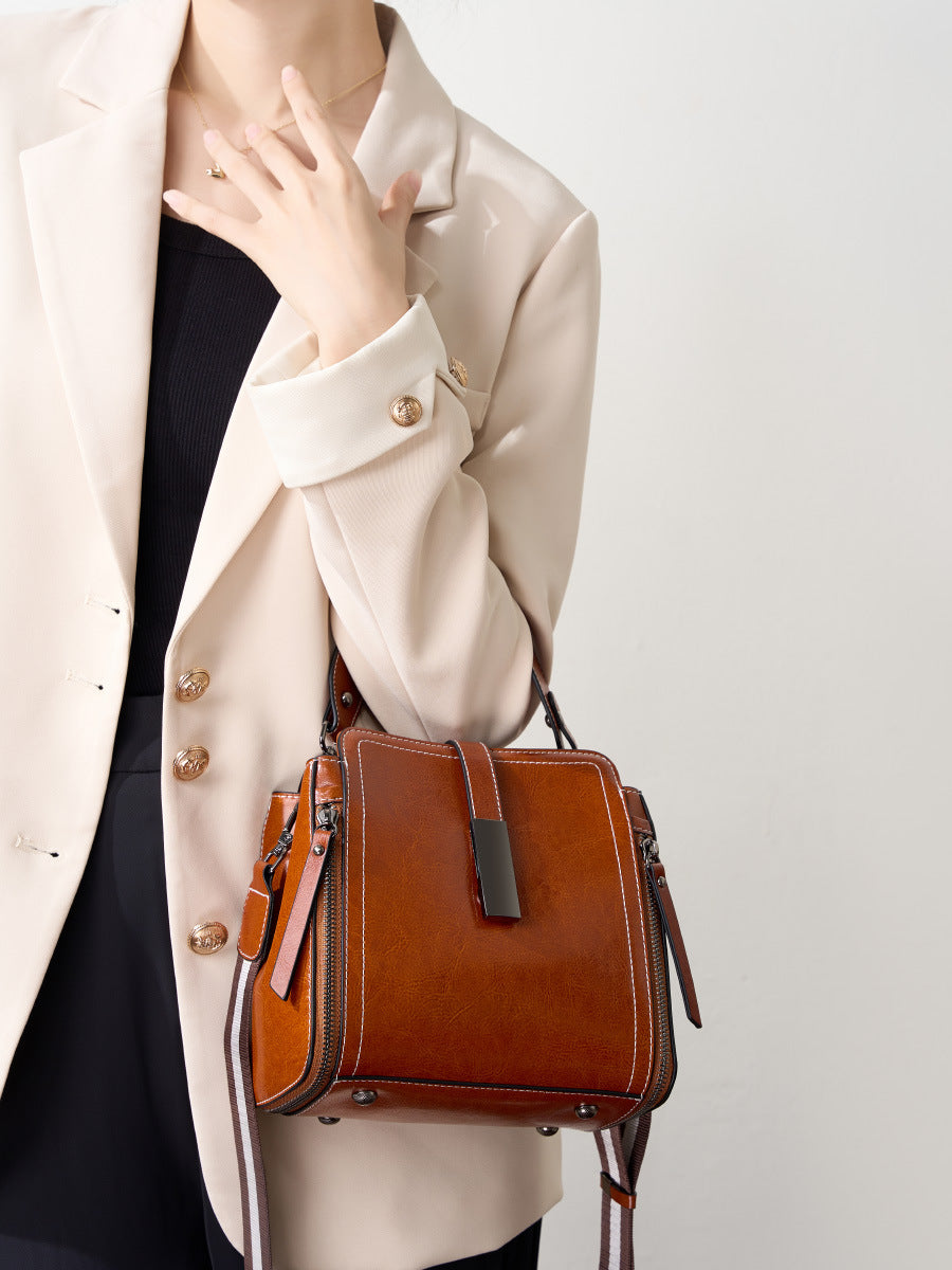 Leather Bucket Bag with Zipper  Vintage Minimalist Shoulder & Crossbody Bag