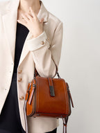 Leather Bucket Bag with Zipper  Vintage Minimalist Shoulder & Crossbody Bag