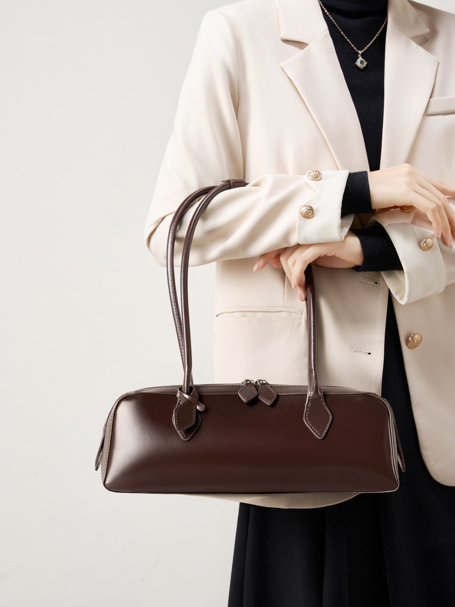 Large Leather Baguette Bag  Vintage Street Style Handbag for Everyday Use