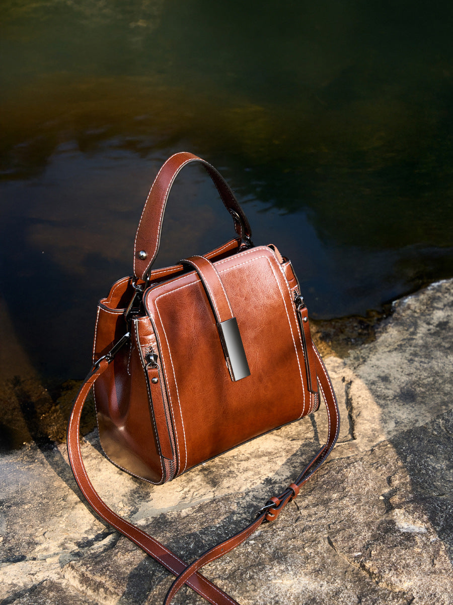 Leather Bucket Bag with Zipper  Vintage Minimalist Shoulder & Crossbody Bag