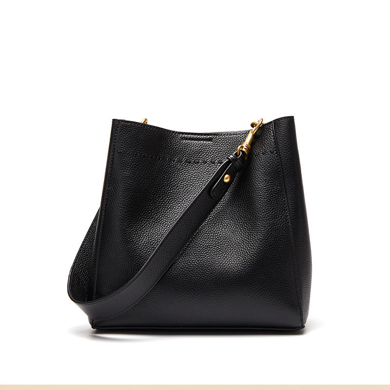 Vintage Full-Grain Leather Bucket Bag  Minimalist Shoulder Bag for Everyday Use