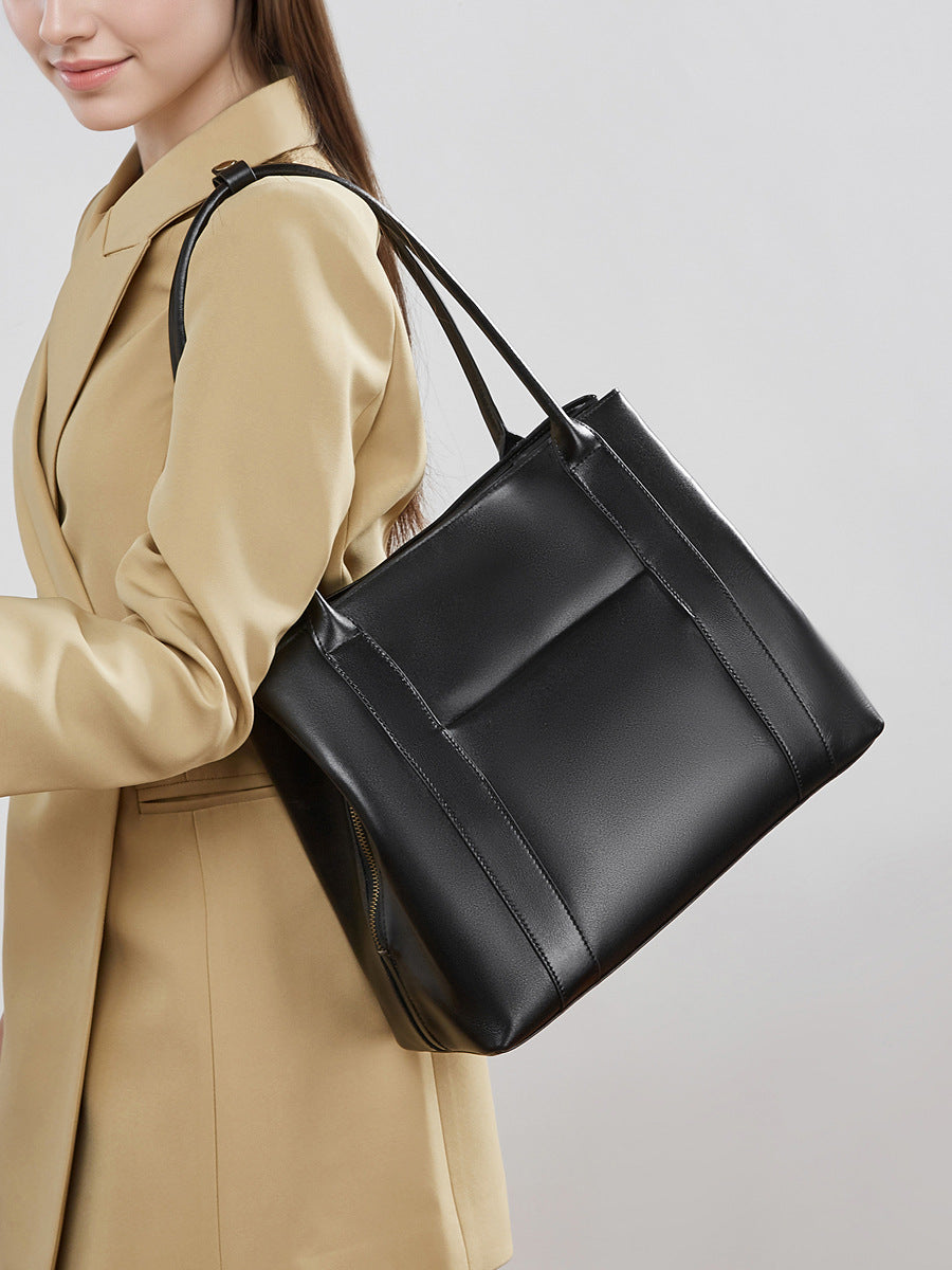 Large Full-Grain Leather Top Handle Tote  Minimalist Vertical Carryall Bag