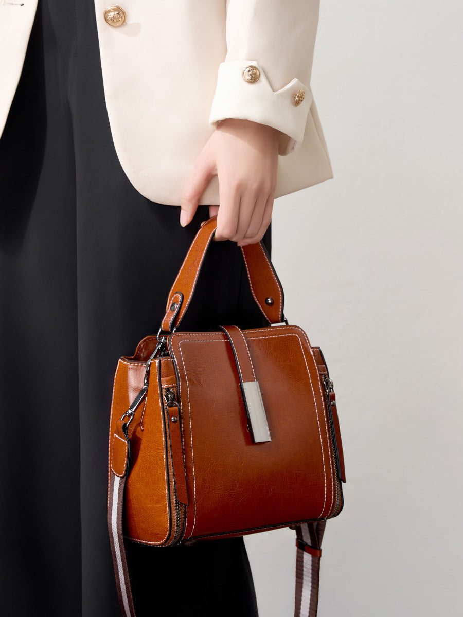 Leather Bucket Bag with Zipper  Vintage Minimalist Shoulder & Crossbody Bag