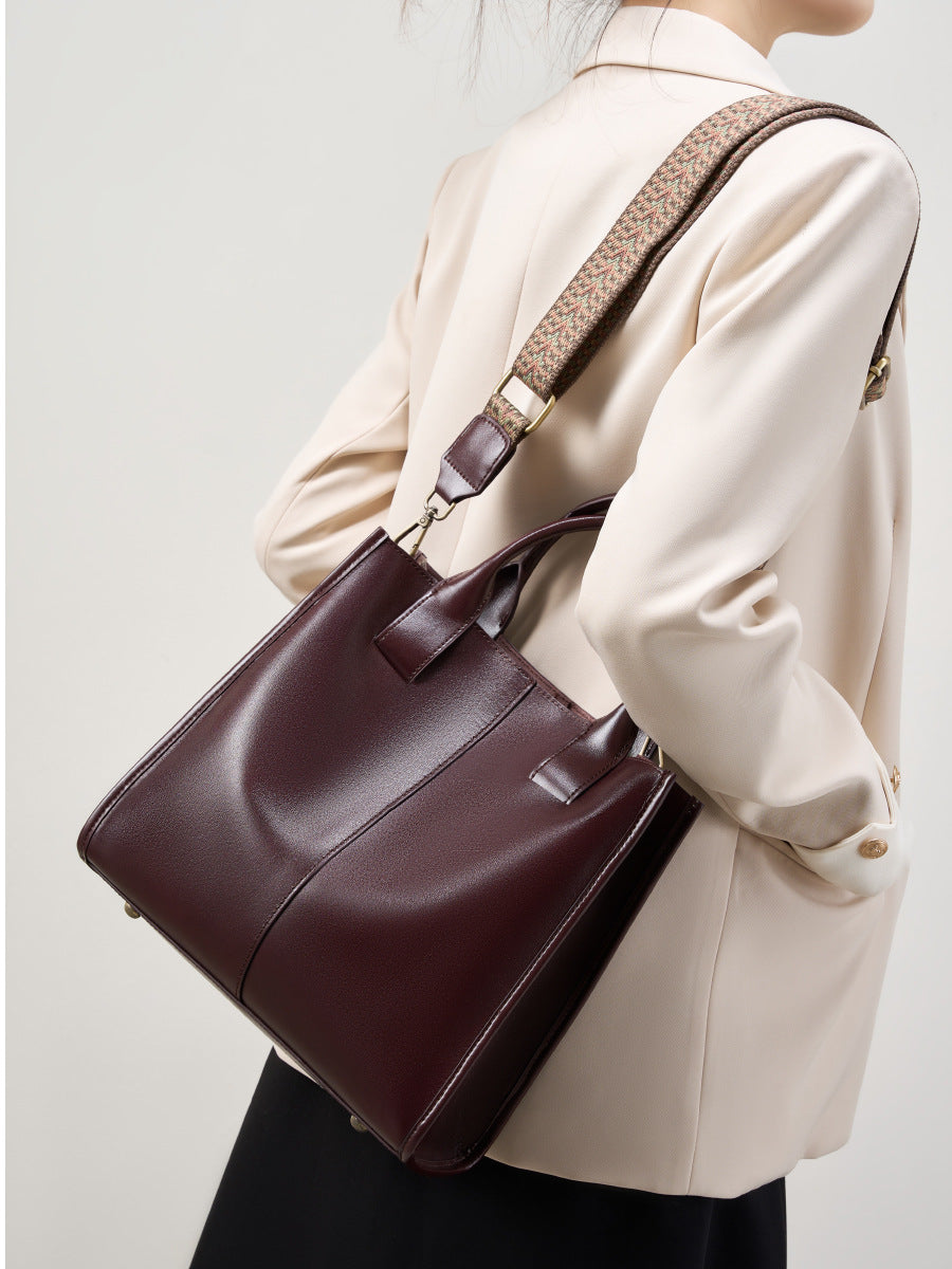 Full-Grain Leather Vertical Tote Bag  Minimalist Patchwork Shoulder Bag for Everyday Use