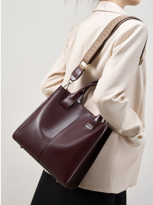 Full-Grain Leather Vertical Tote Bag  Minimalist Patchwork Shoulder Bag for Everyday Use