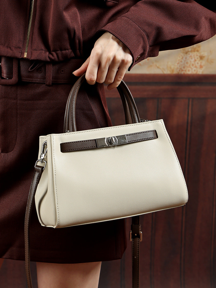 Structured Leather Top Handle Bag  Classic Lock Satchel for Everyday Elegance