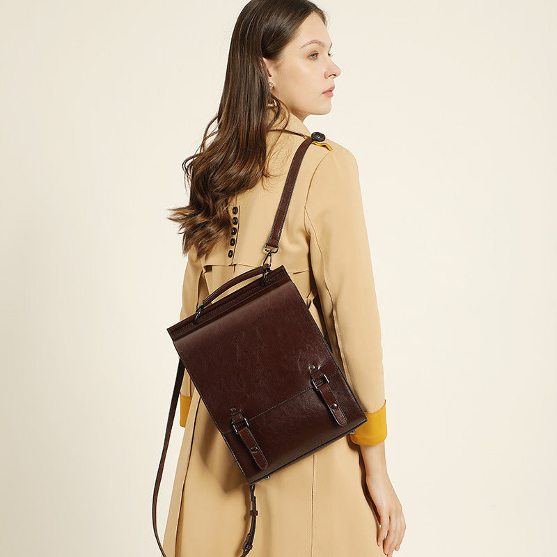 2026 New Leather Backpack Women's British Collegiate School Bag College Student Retro Computer Simple Cowhide Backpack