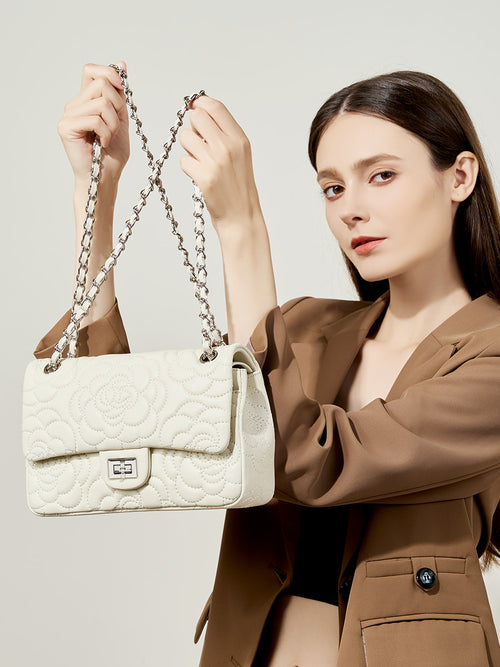 Embroidered Lambskin Shoulder Bag  Minimalist Underarm Bag with Lock Closure