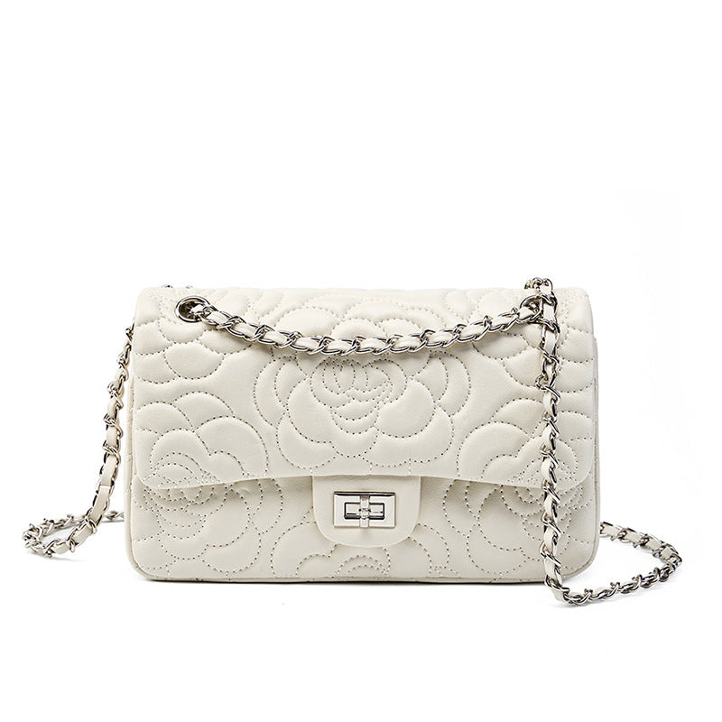 Embroidered Lambskin Shoulder Bag  Minimalist Underarm Bag with Lock Closure