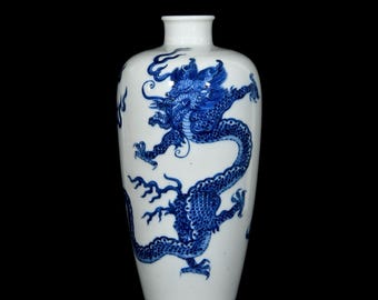 Exquisite and rare Chinese antique blue and white porcelain plum vase with dragon design, hand-painted. Main image